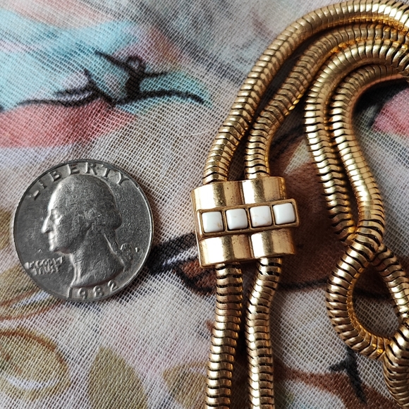 Stella and Dot Signed Brass Tone Long Slide Snake Chain Necklace Dual Tassels - Picture 4 of 10